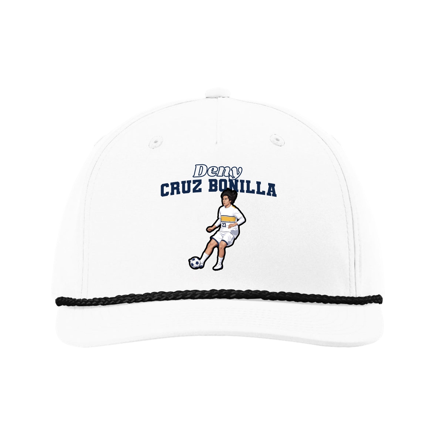 Five-Panel Classic Rope Cap — Name Arch in White