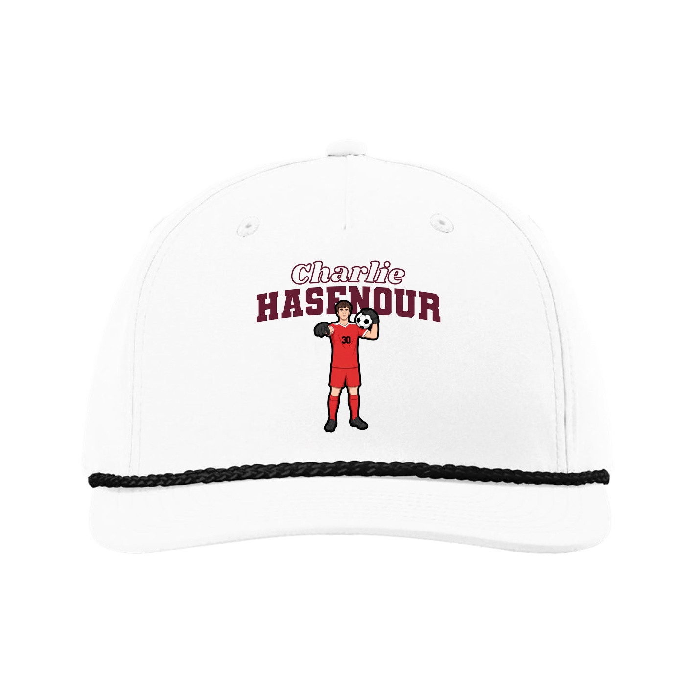 Five-Panel Classic Rope Cap — Name Arch in White