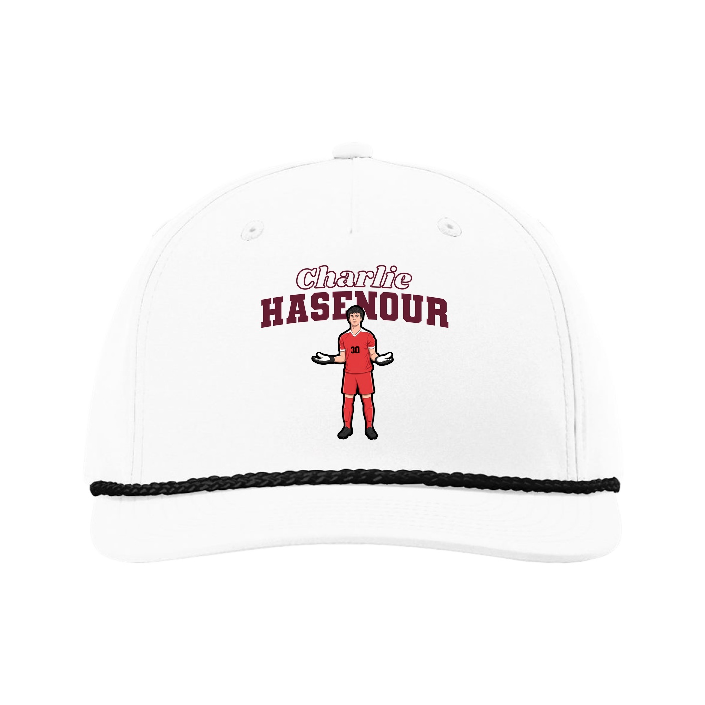 Five-Panel Classic Rope Cap — Name Arch in White