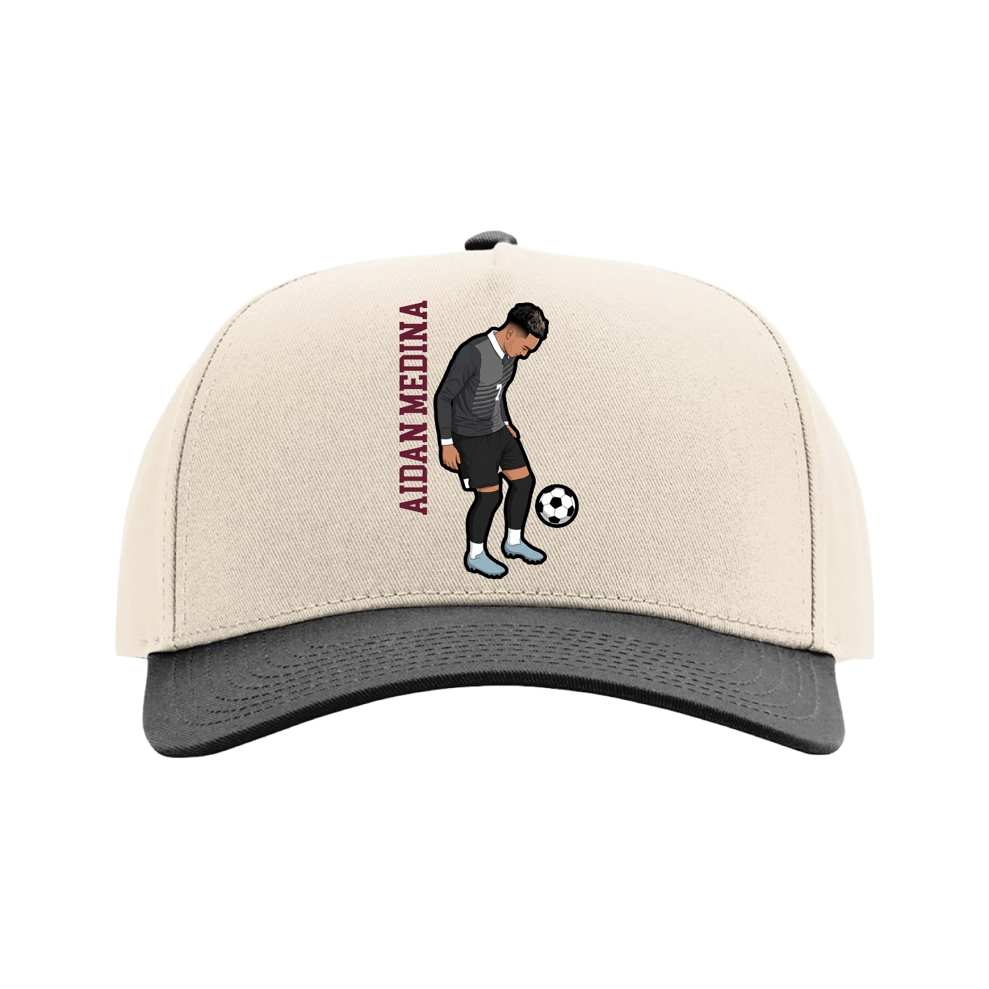 Full Fabric Five-Panel Champ Cap — Name Vertical in Cream/Black