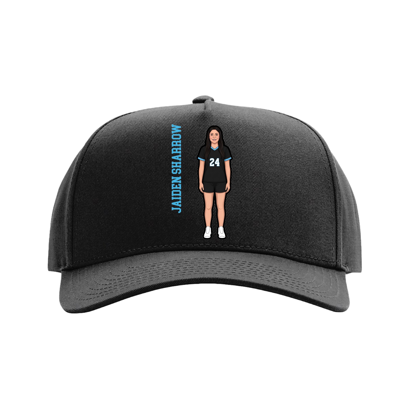 Full Fabric Five-Panel Champ Cap — Name Vertical in Black