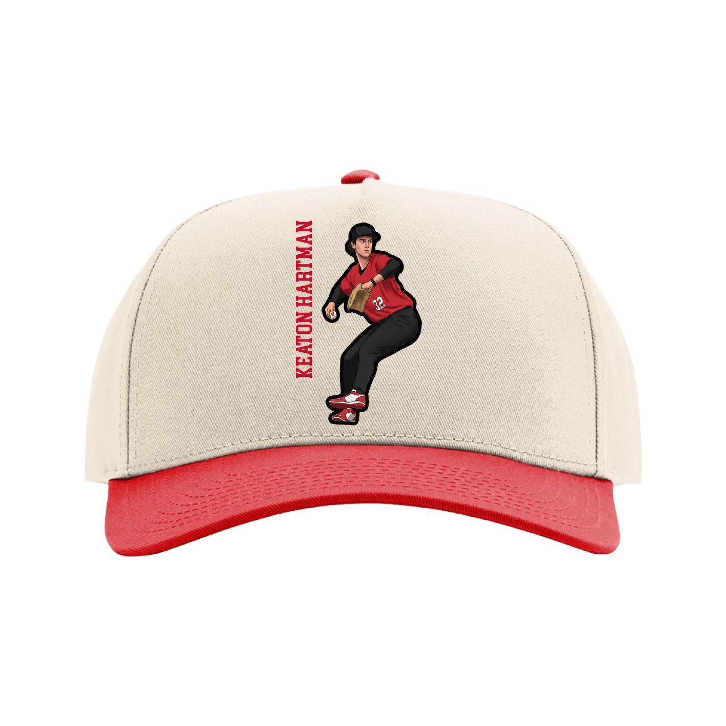 Full Fabric Five-Panel Champ Cap — Name Vertical in Cream/Red