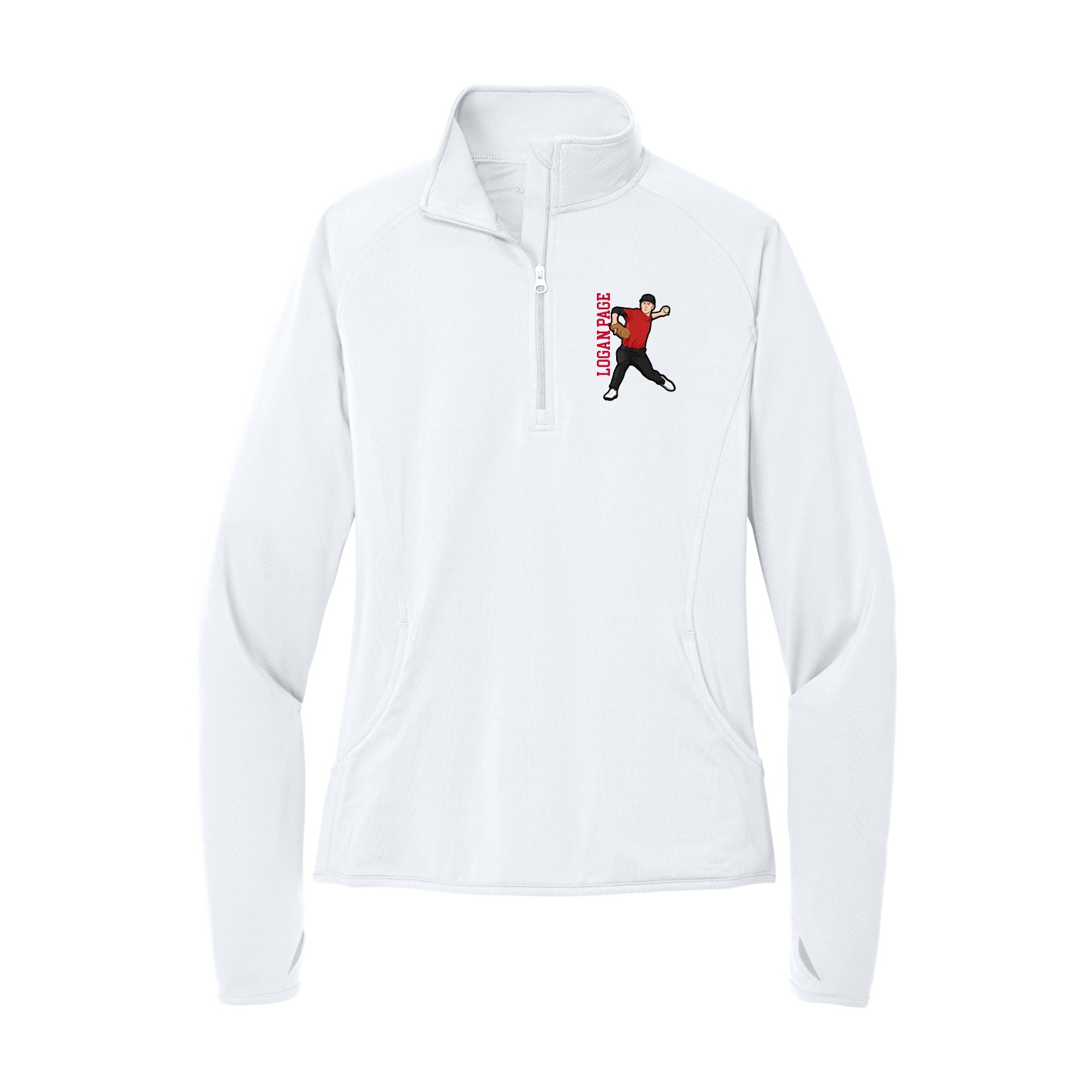 Women's Q-Zip Pullover — Name Vertical in White