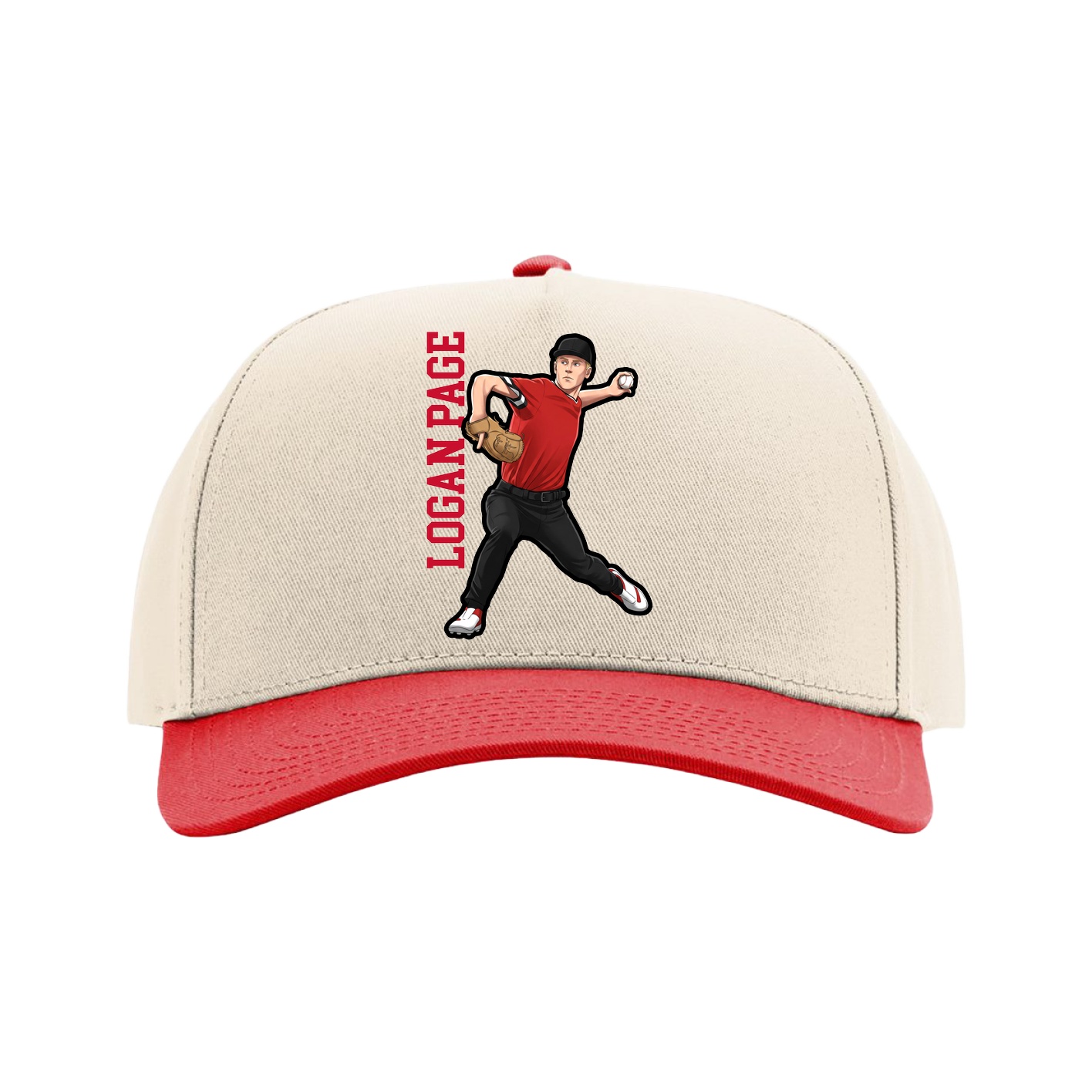 Full Fabric Five-Panel Champ Cap — Name Vertical in Cream/Red