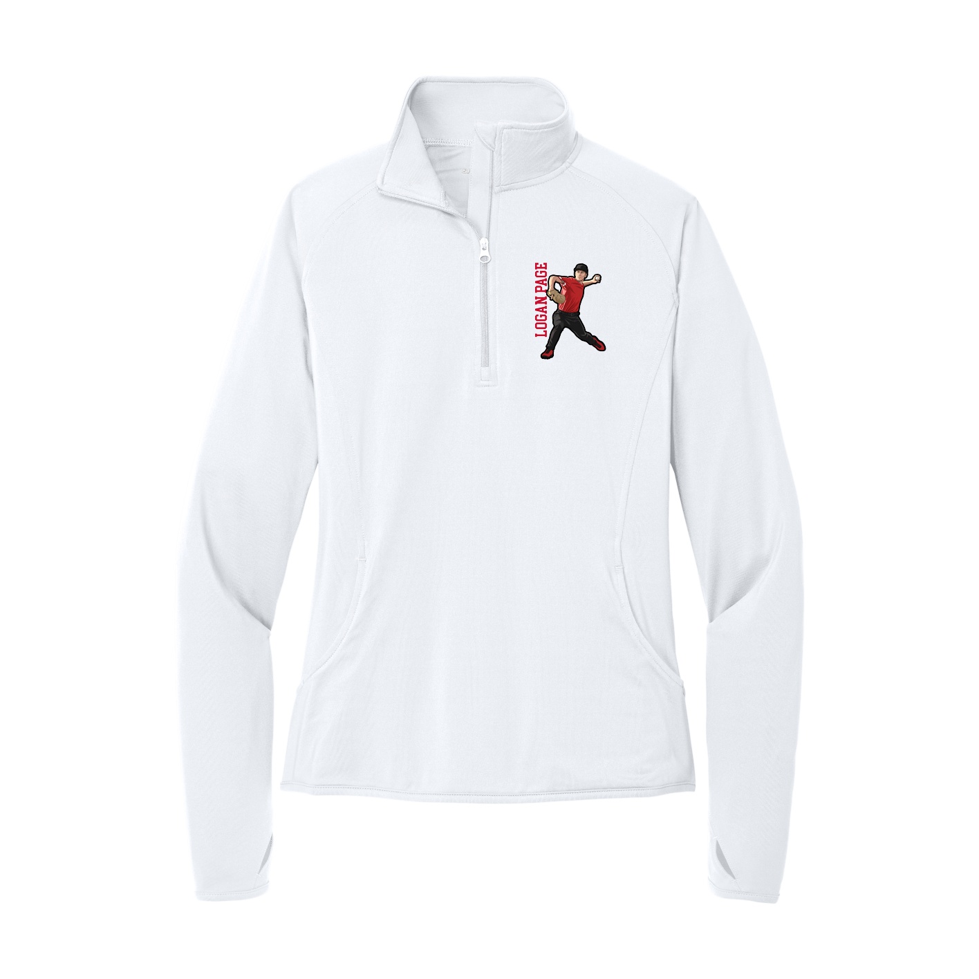 Women's Q-Zip Pullover — Name Vertical in White