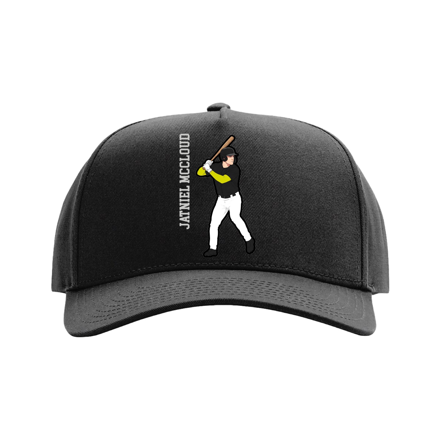 Full Fabric Five-Panel Champ Cap — Name Vertical in Black