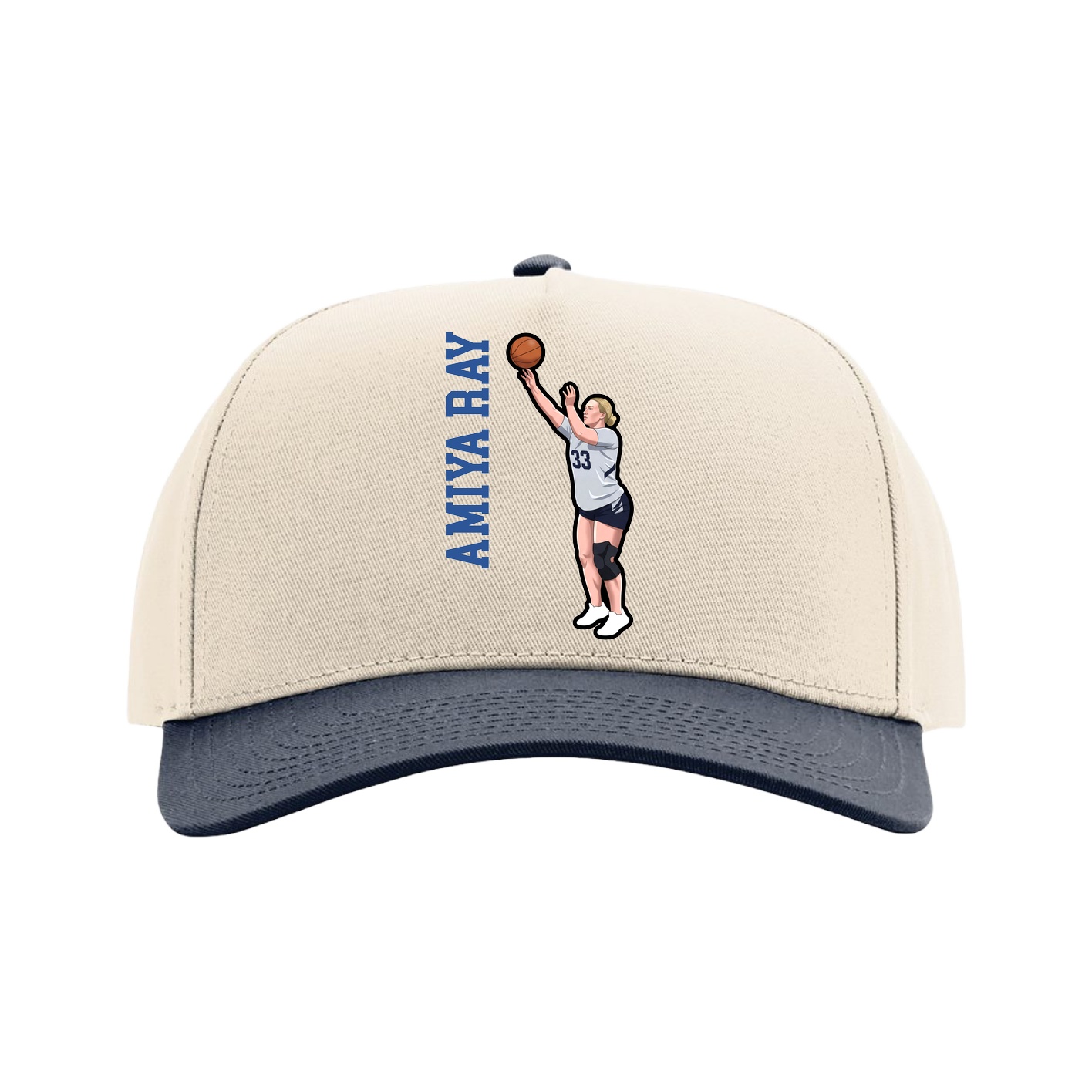 Full Fabric Five-Panel Champ Cap — Name Vertical in Cream/Navy