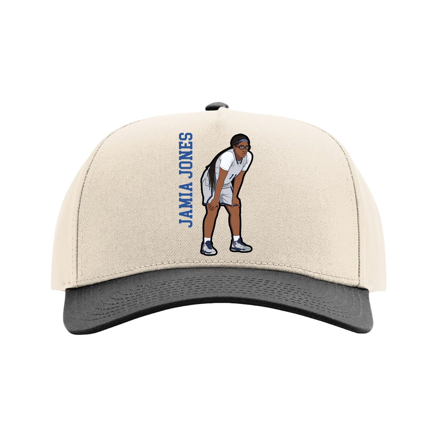 Full Fabric Five-Panel Champ Cap — Name Vertical in Cream/Black