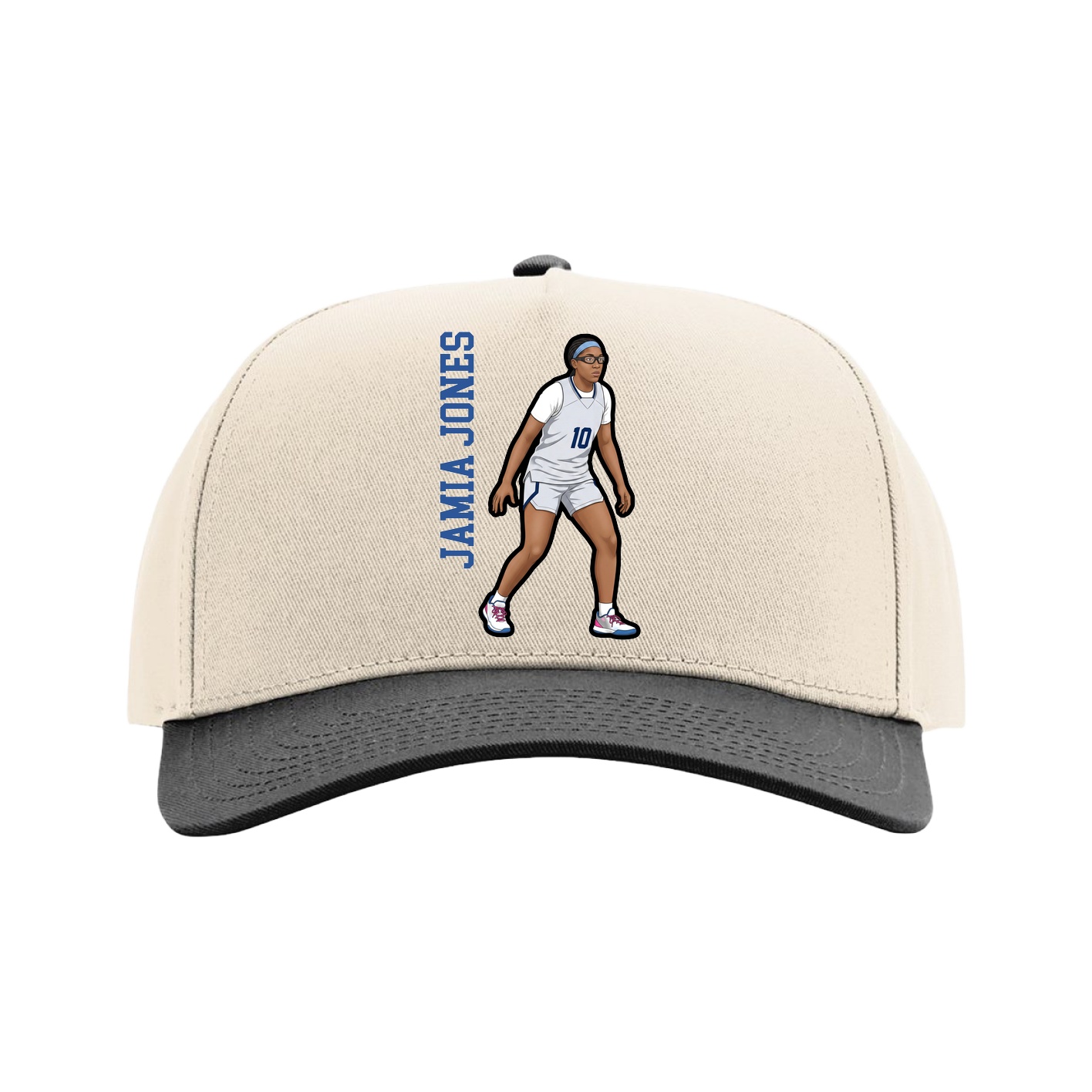 Full Fabric Five-Panel Champ Cap — Name Vertical in Cream/Black