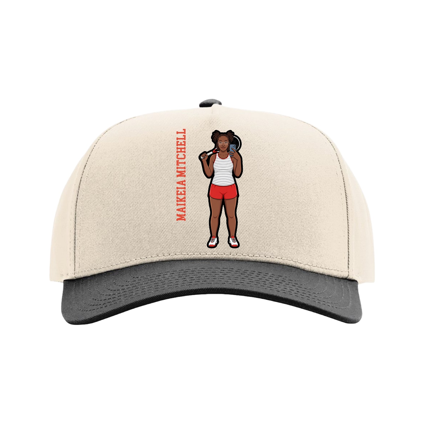 Full Fabric Five-Panel Champ Cap — Name Vertical in Cream/Black