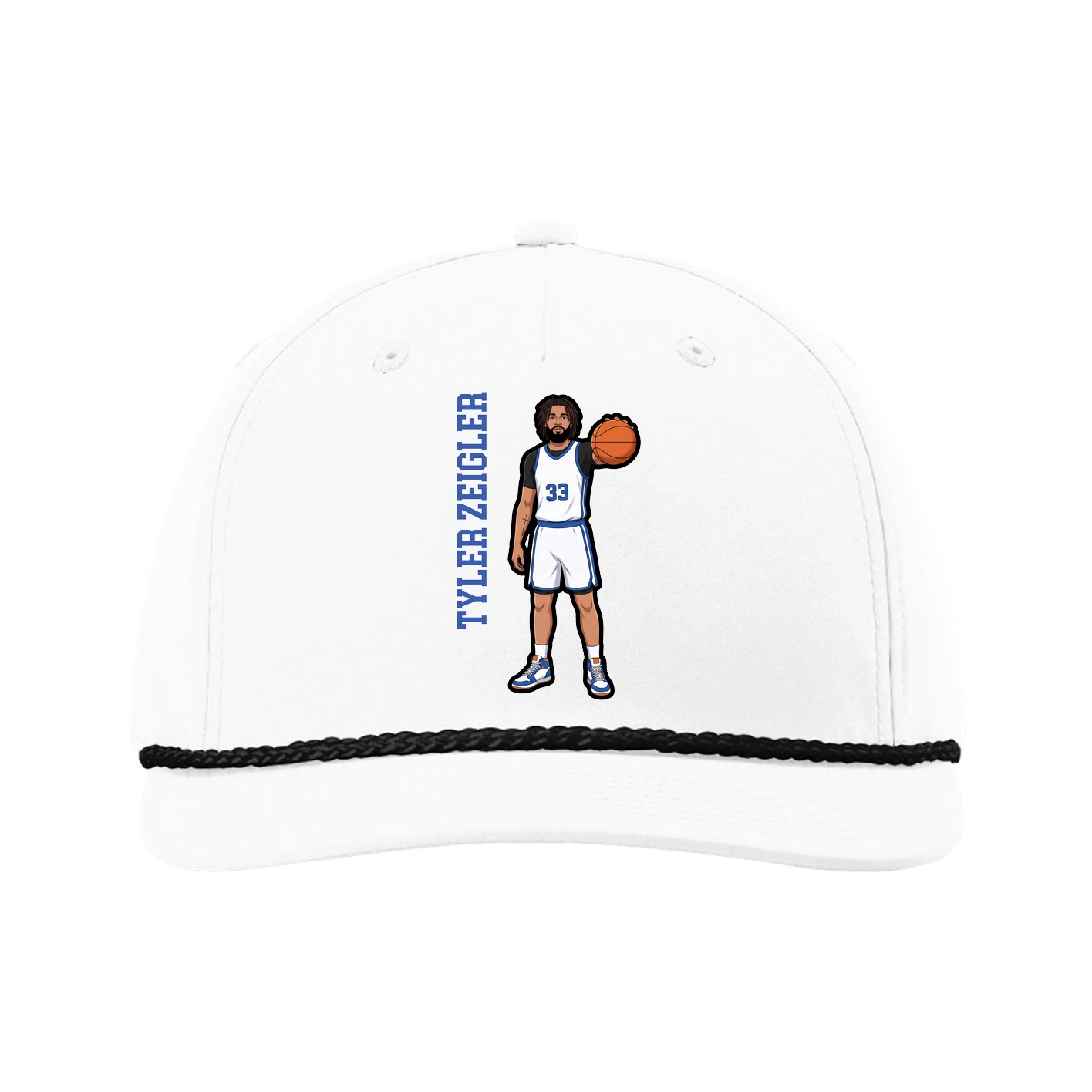 Five-Panel Classic Rope Cap — Name Vertical in White