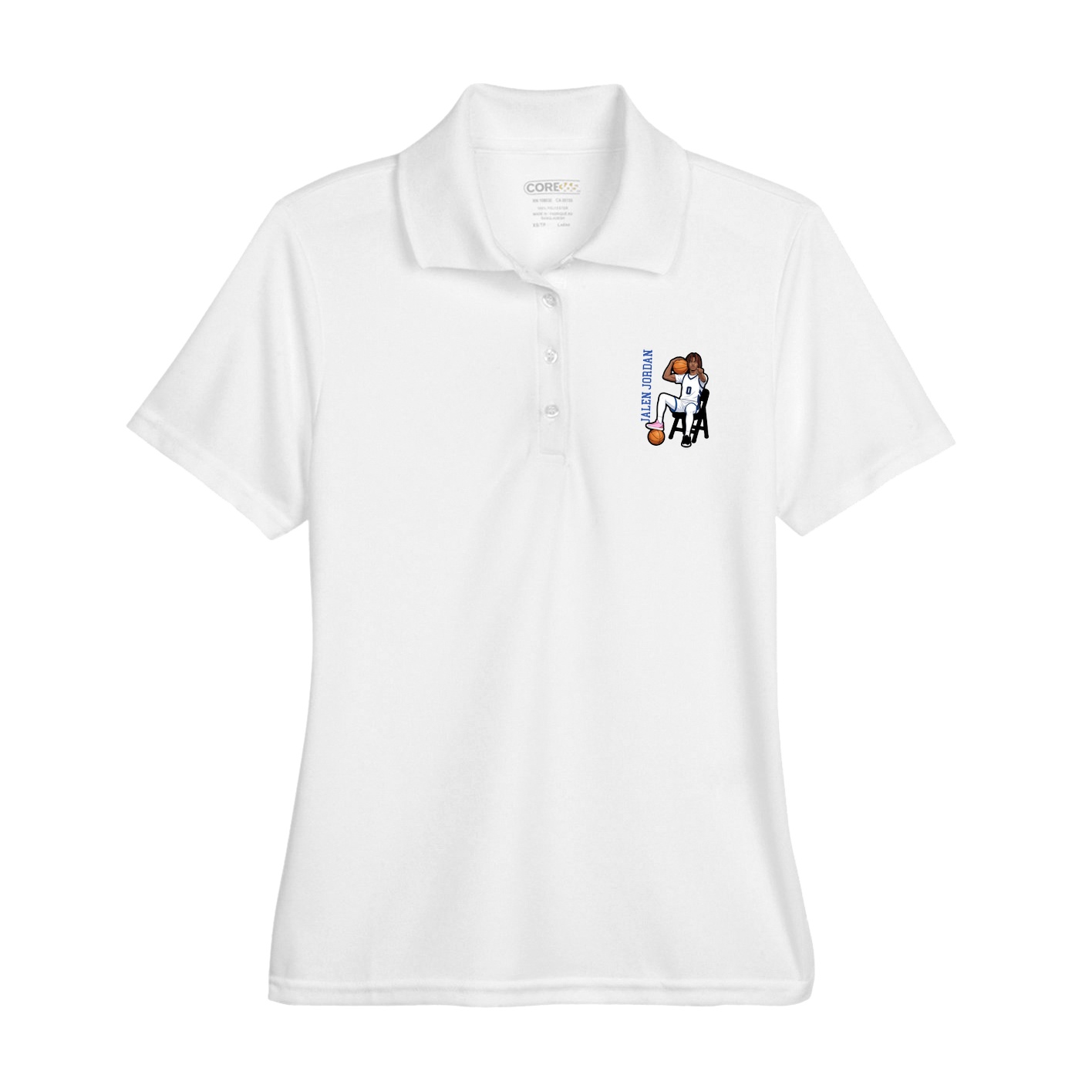 Womens Performance Polo — Name Vertical in White