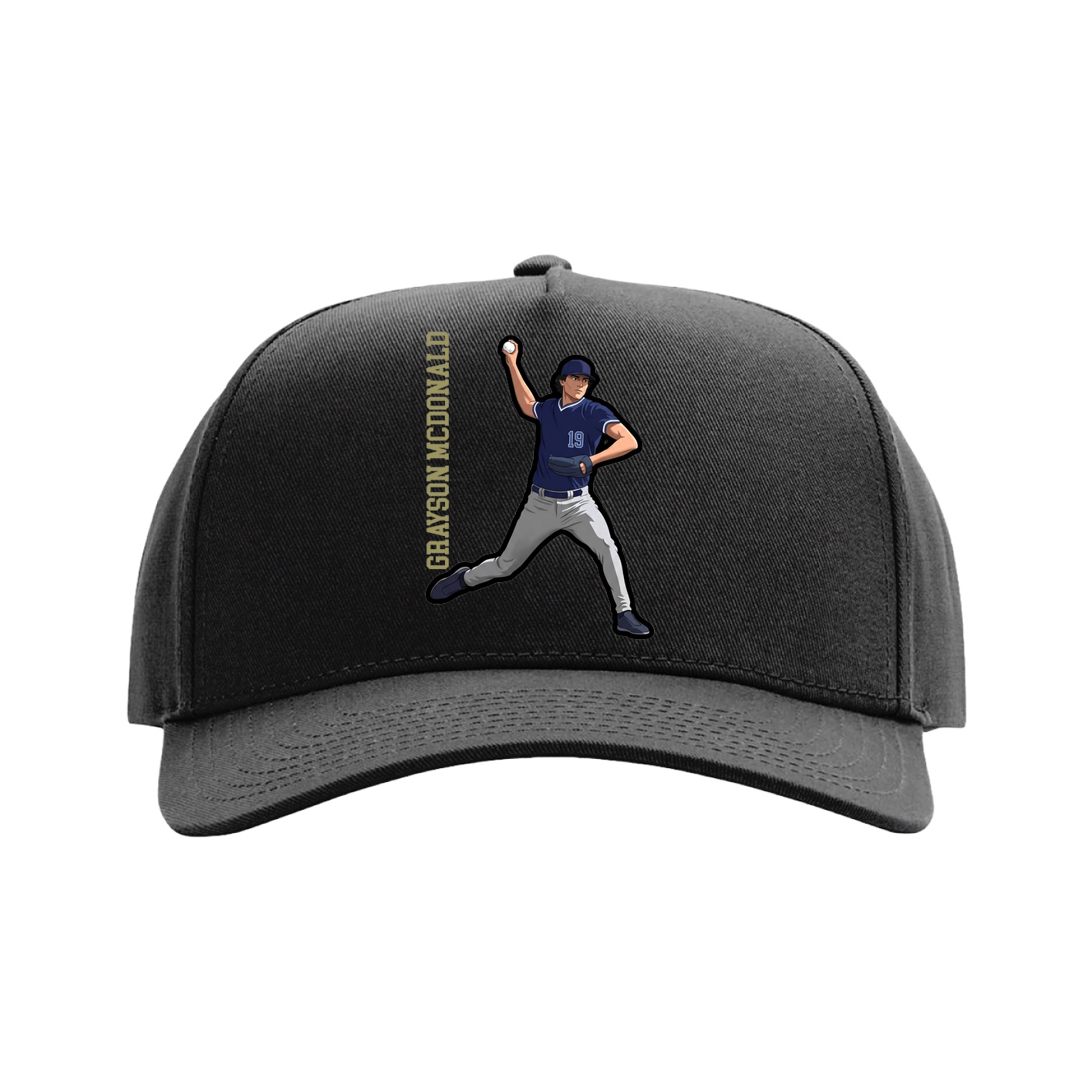 Full Fabric Five-Panel Champ Cap — Name Vertical in Black