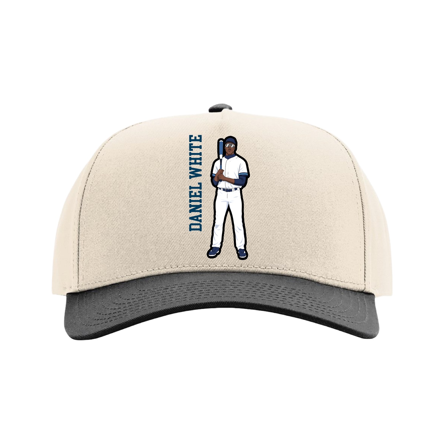 Full Fabric Five-Panel Champ Cap — Name Vertical in Cream/Black