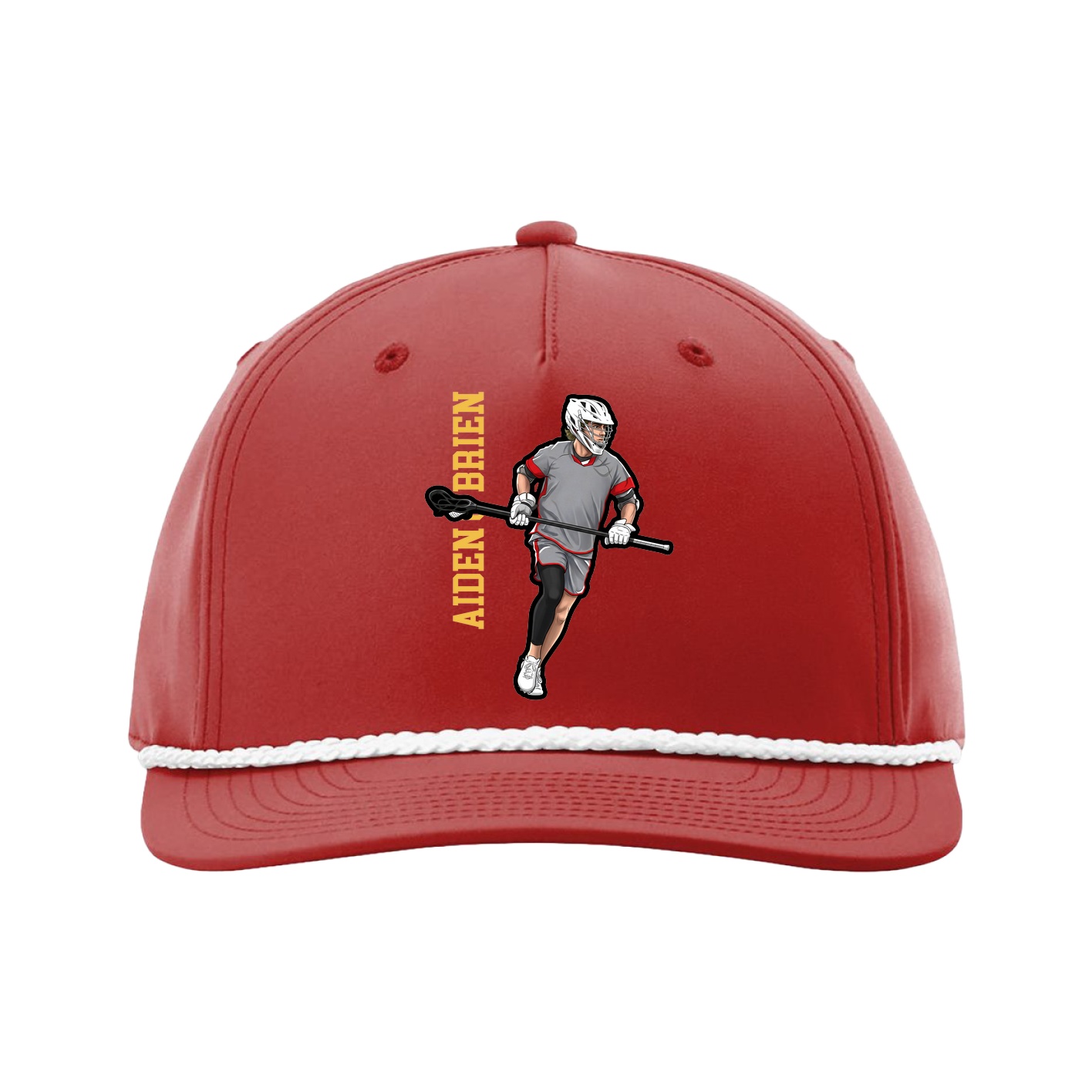 Five-Panel Classic Rope Cap — Name Vertical in Red