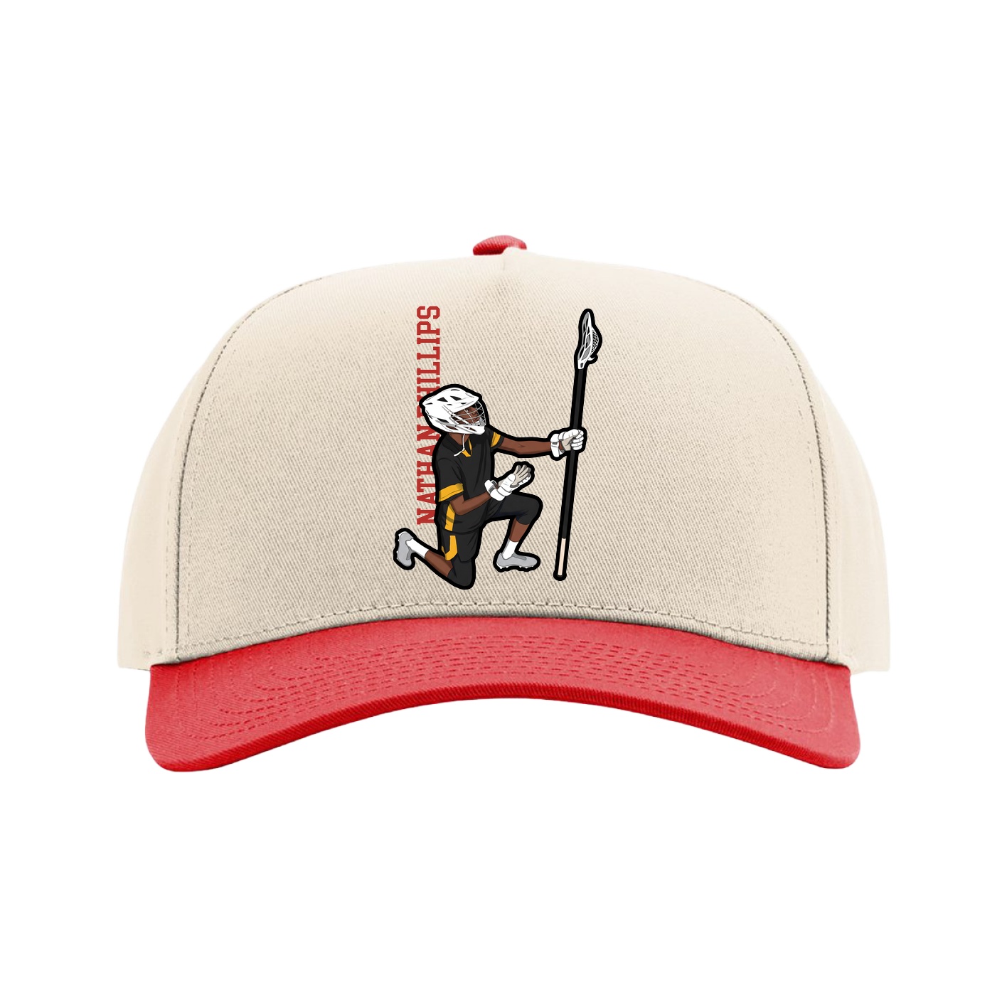 Full Fabric Five-Panel Champ Cap — Name Vertical in Cream/Red