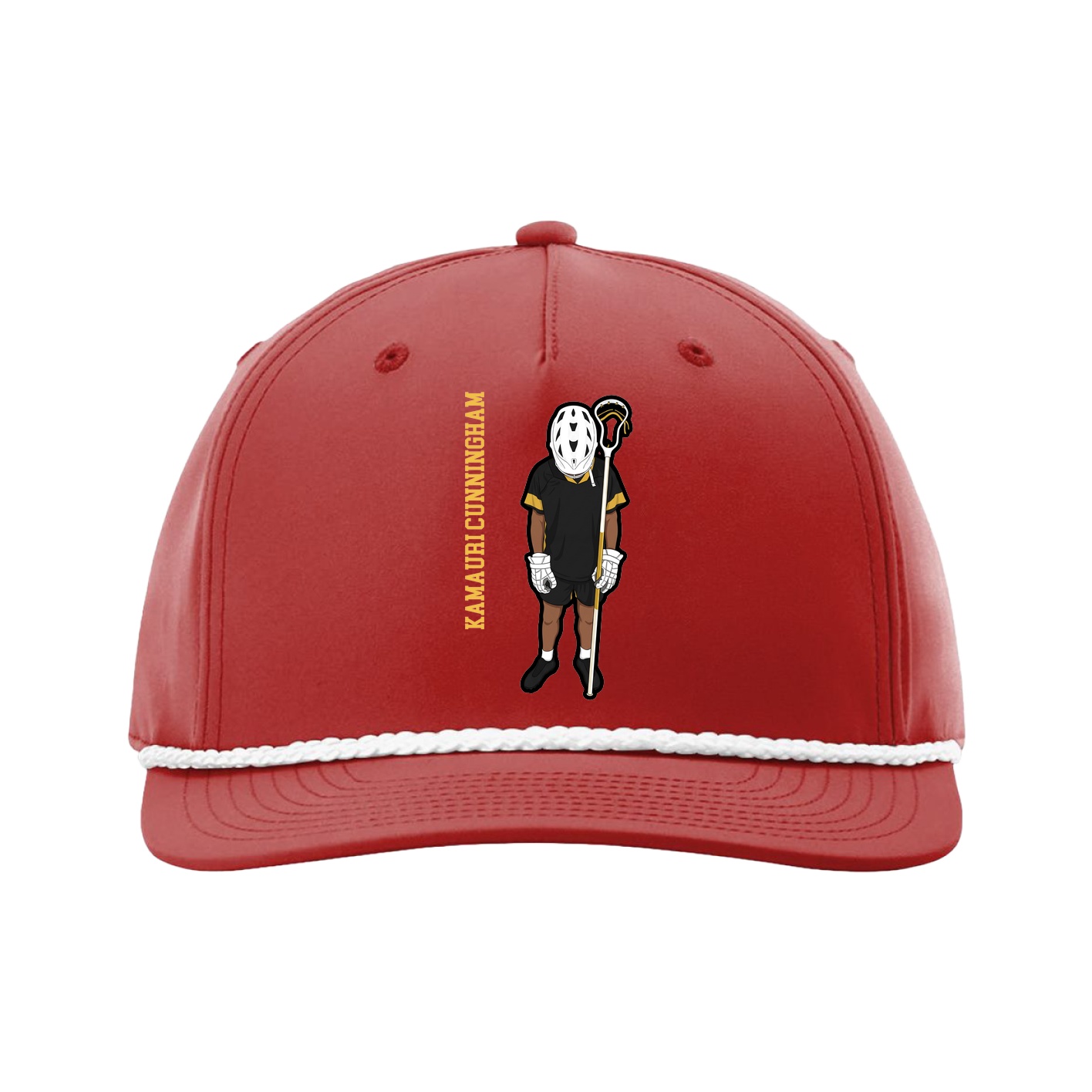 Five-Panel Classic Rope Cap — Name Vertical in Red