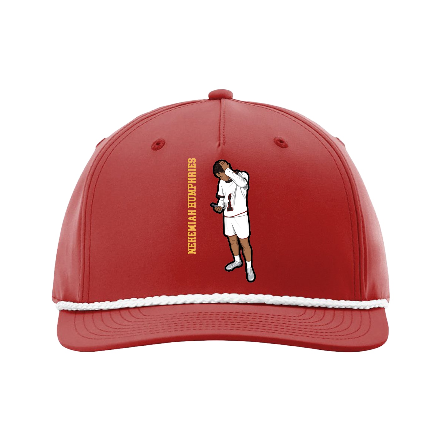 Five-Panel Classic Rope Cap — Name Vertical in Red