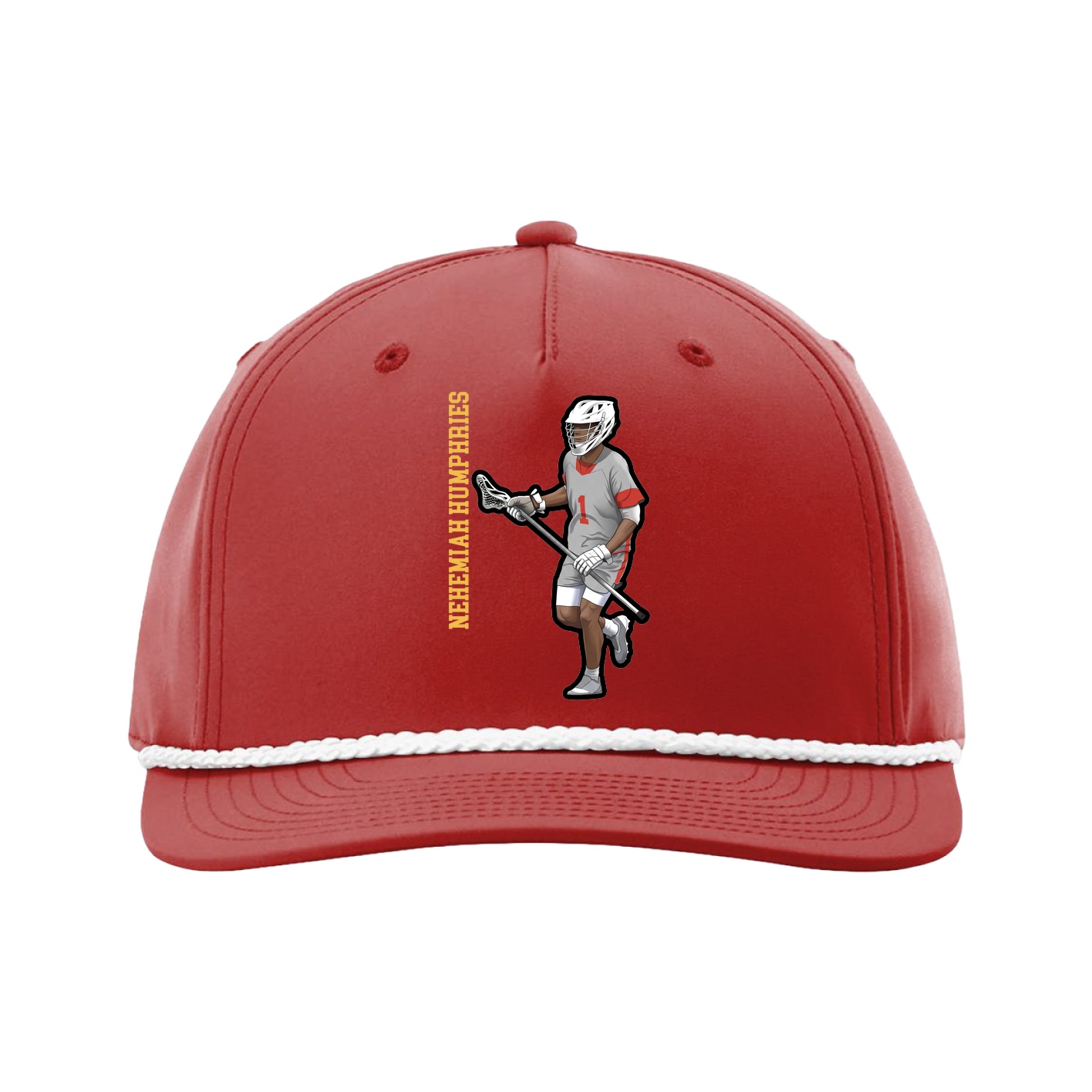 Five-Panel Classic Rope Cap — Name Vertical in Red