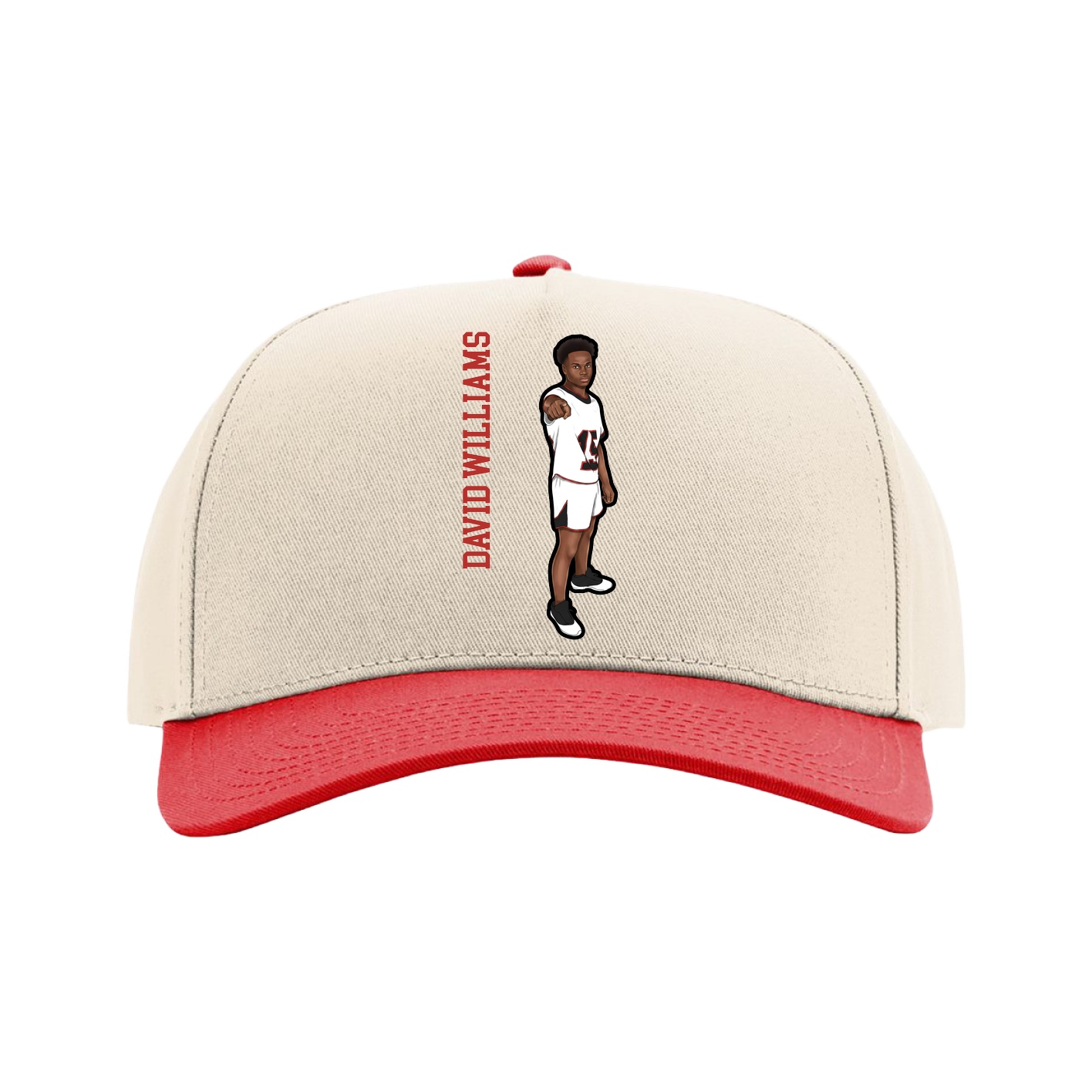 Full Fabric Five-Panel Champ Cap — Name Vertical in Cream/Red