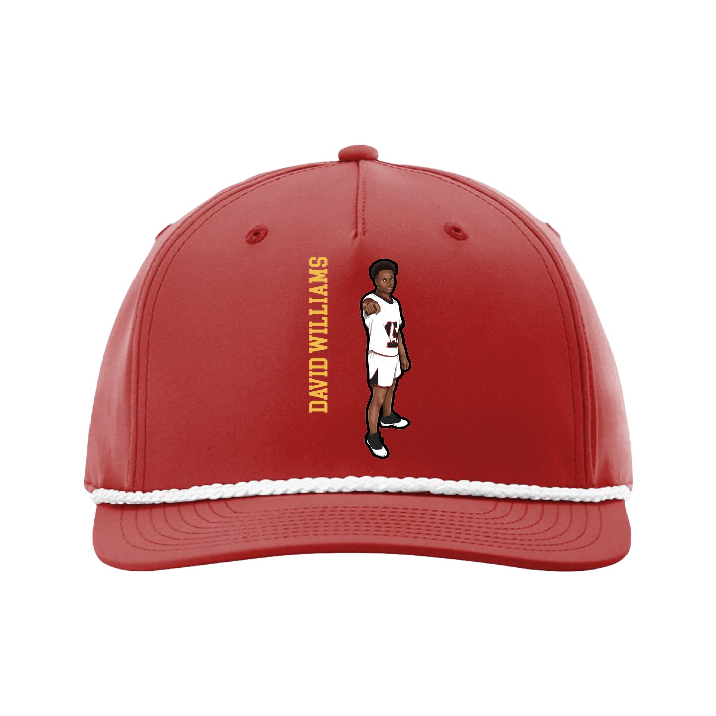 Five-Panel Classic Rope Cap — Name Vertical in Red