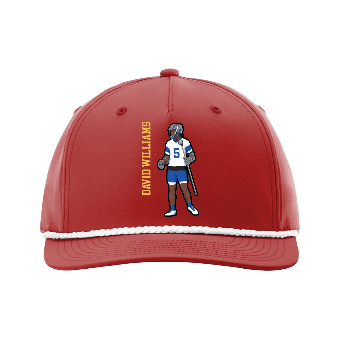 Five-Panel Classic Rope Cap — Name Vertical in Red