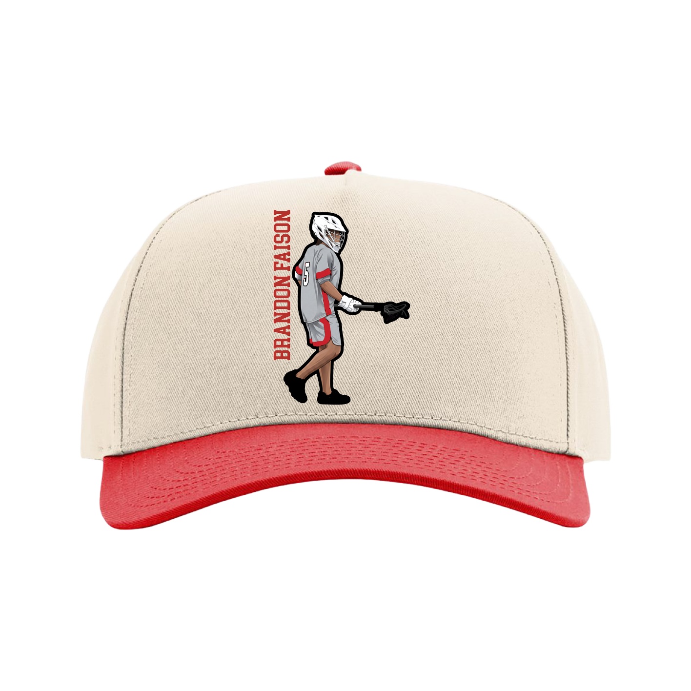 Full Fabric Five-Panel Champ Cap — Name Vertical in Cream/Red