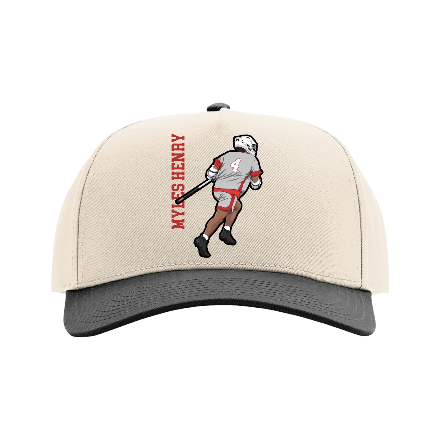 Full Fabric Five-Panel Champ Cap — Name Vertical in Cream/Black