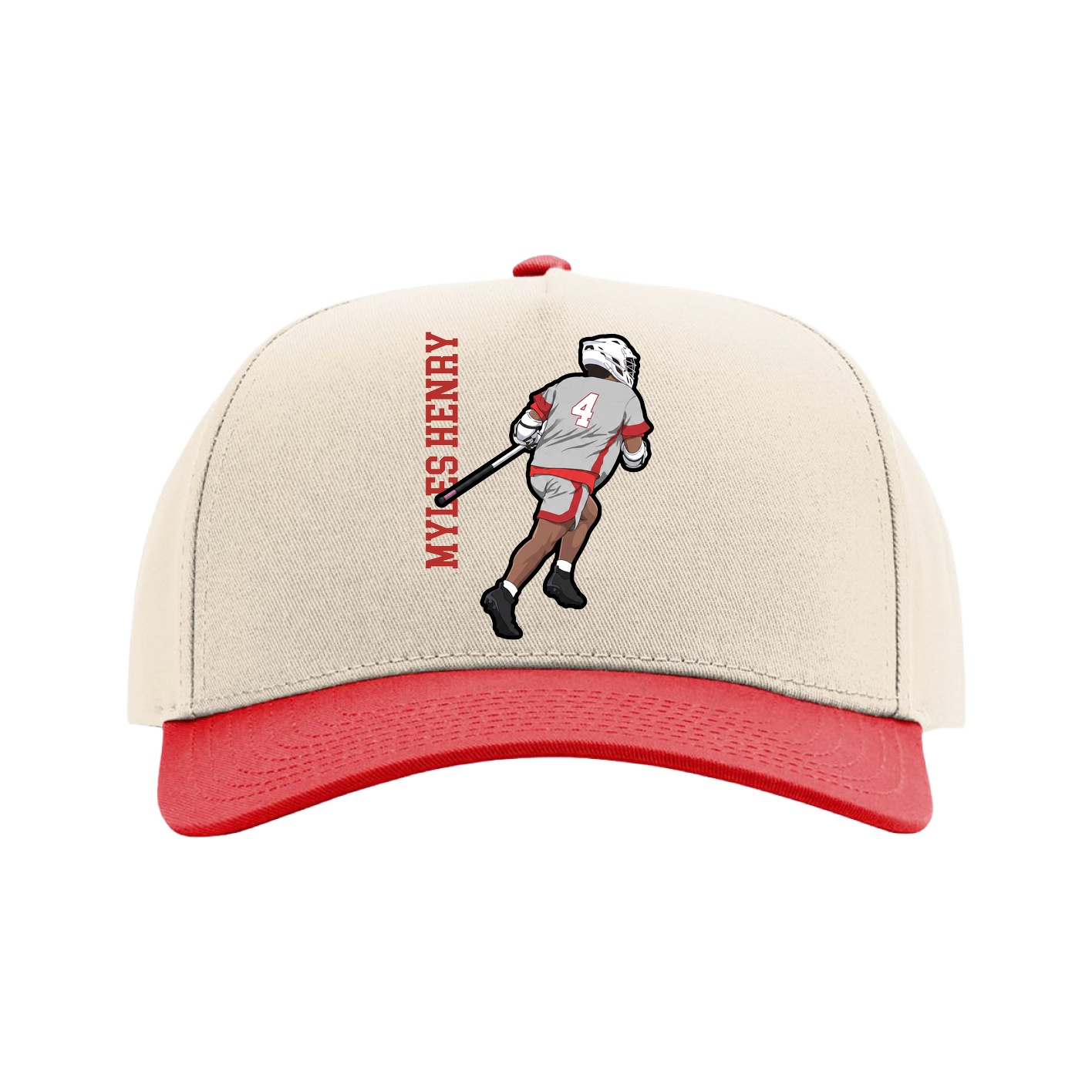 Full Fabric Five-Panel Champ Cap — Name Vertical in Cream/Red