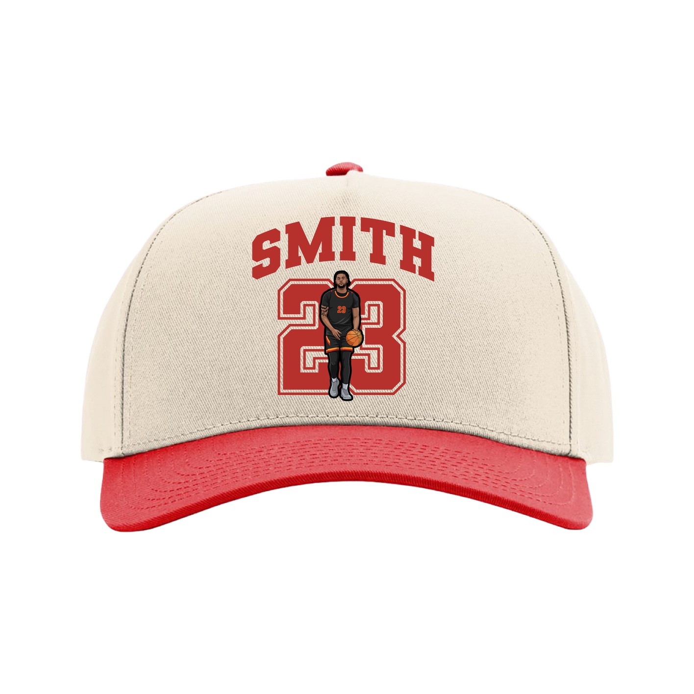 Full Fabric Five-Panel Champ Cap — Number in Cream/Red