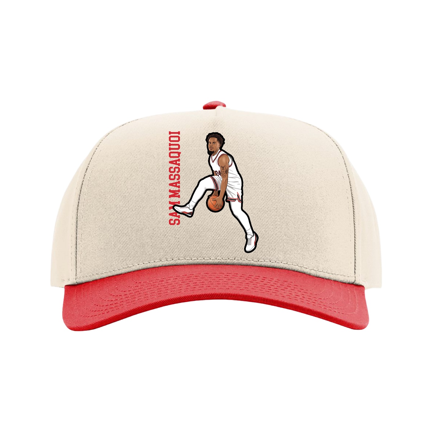Full Fabric Five-Panel Champ Cap — Name Vertical in Cream/Red