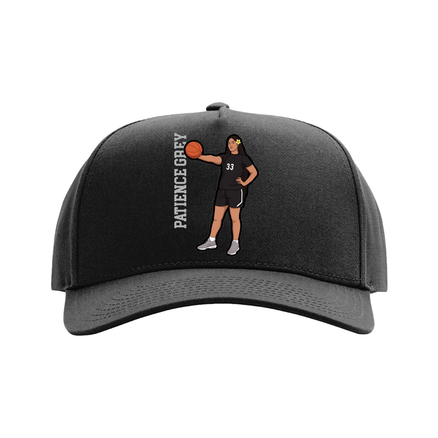 Full Fabric Five-Panel Champ Cap — Name Vertical in Black