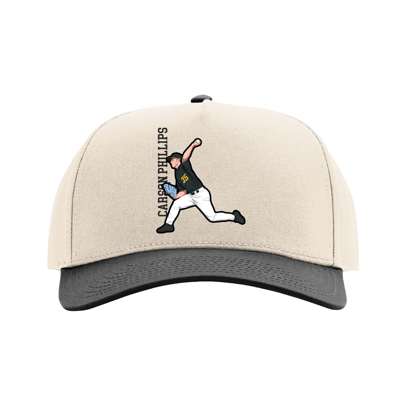 Full Fabric Five-Panel Champ Cap — Name Vertical in Cream/Black