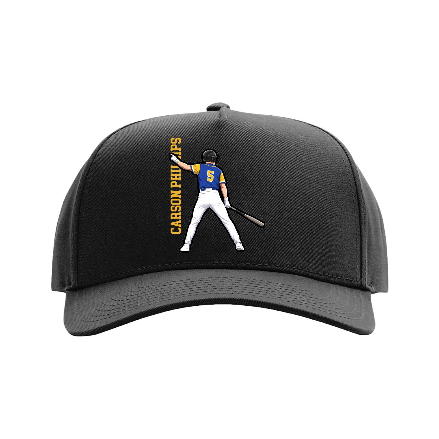 Full Fabric Five-Panel Champ Cap — Name Vertical in Black