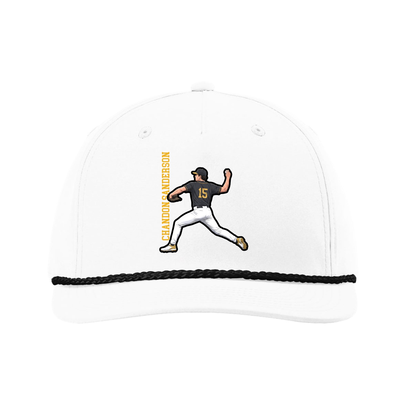 Five-Panel Classic Rope Cap — Name Vertical in White