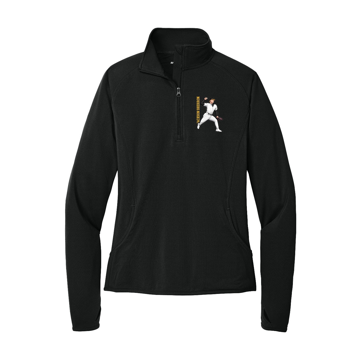 Women's Q-Zip Pullover — Name Vertical in Black