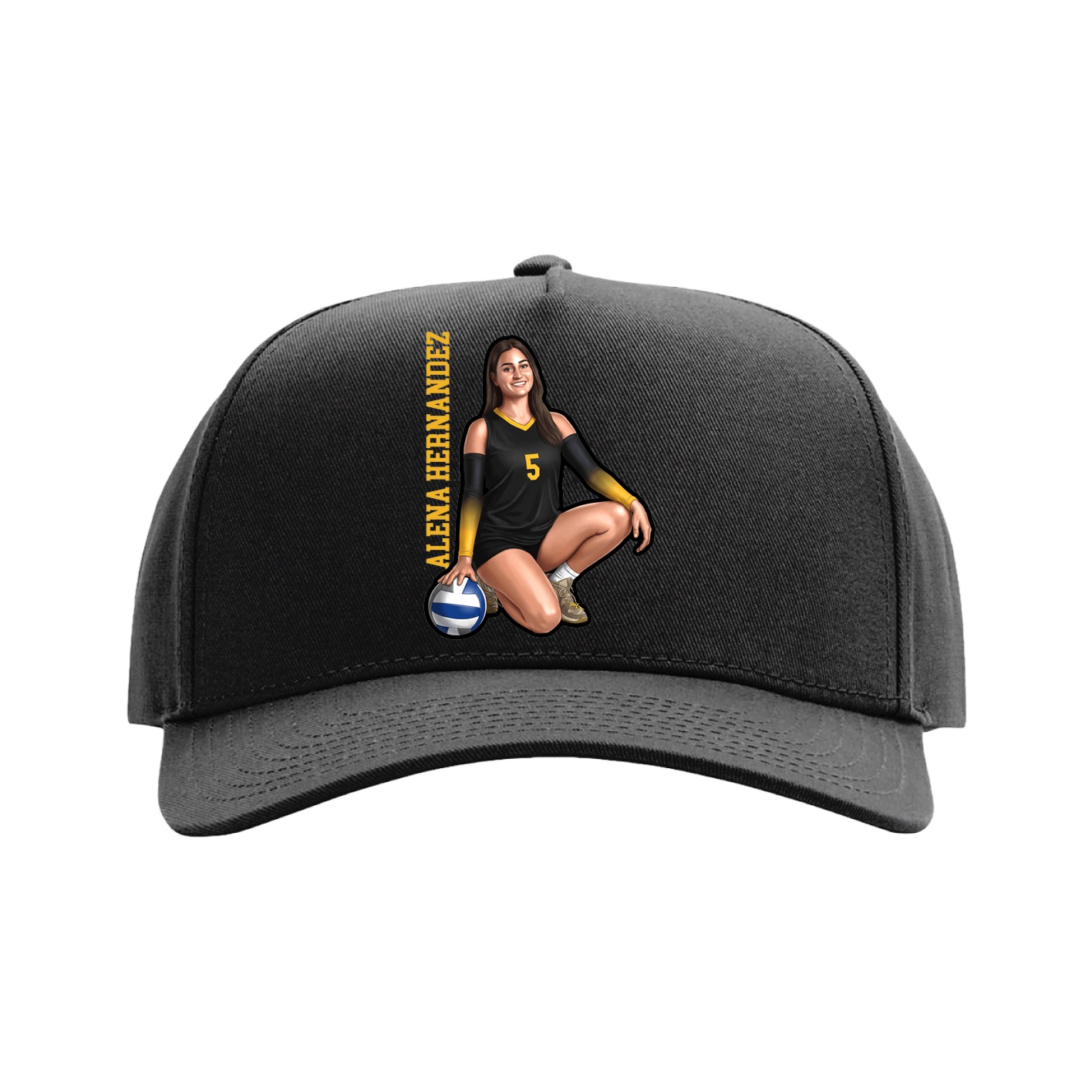 Full Fabric Five-Panel Champ Cap — Name Vertical in Black