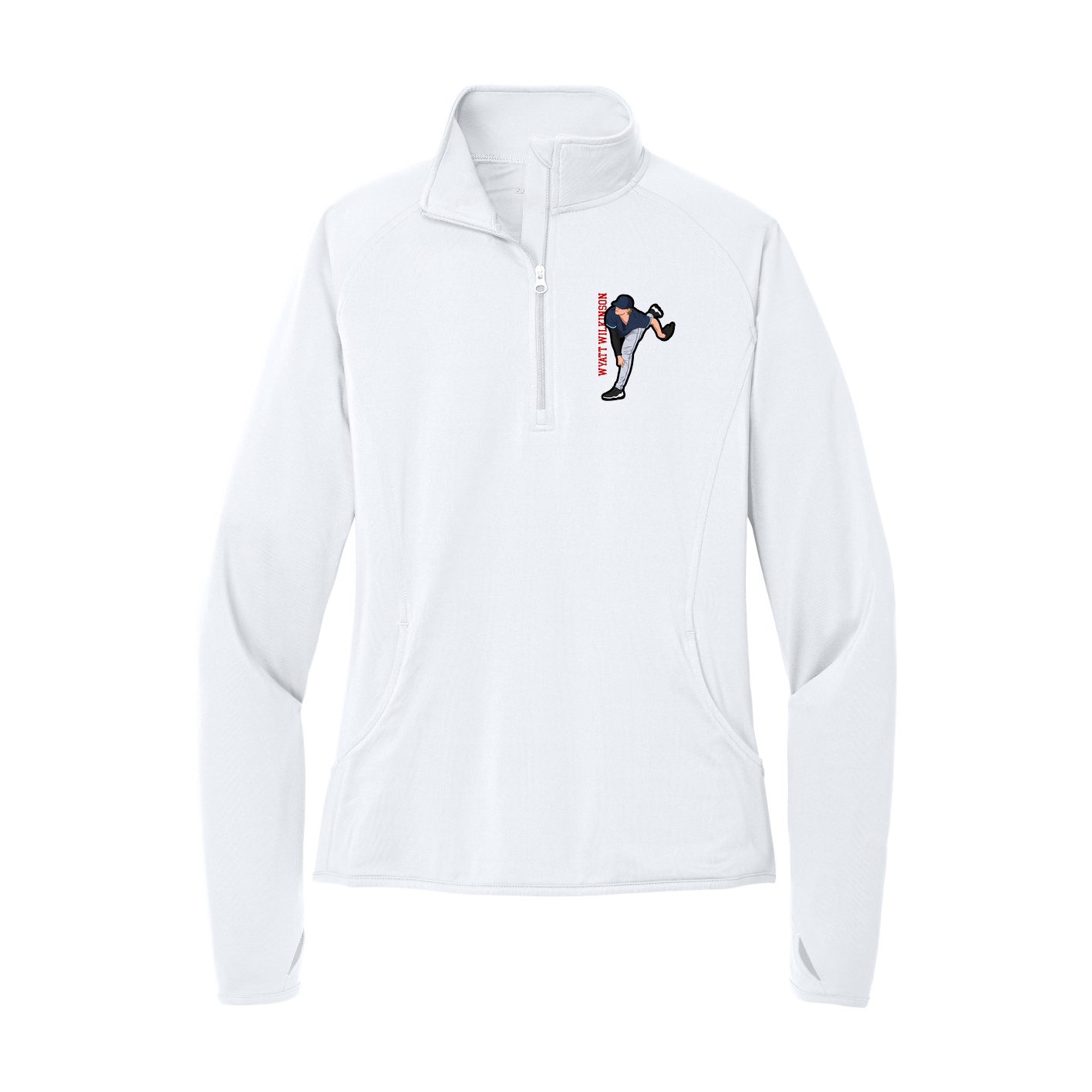 Women's Q-Zip Pullover — Name Vertical in White