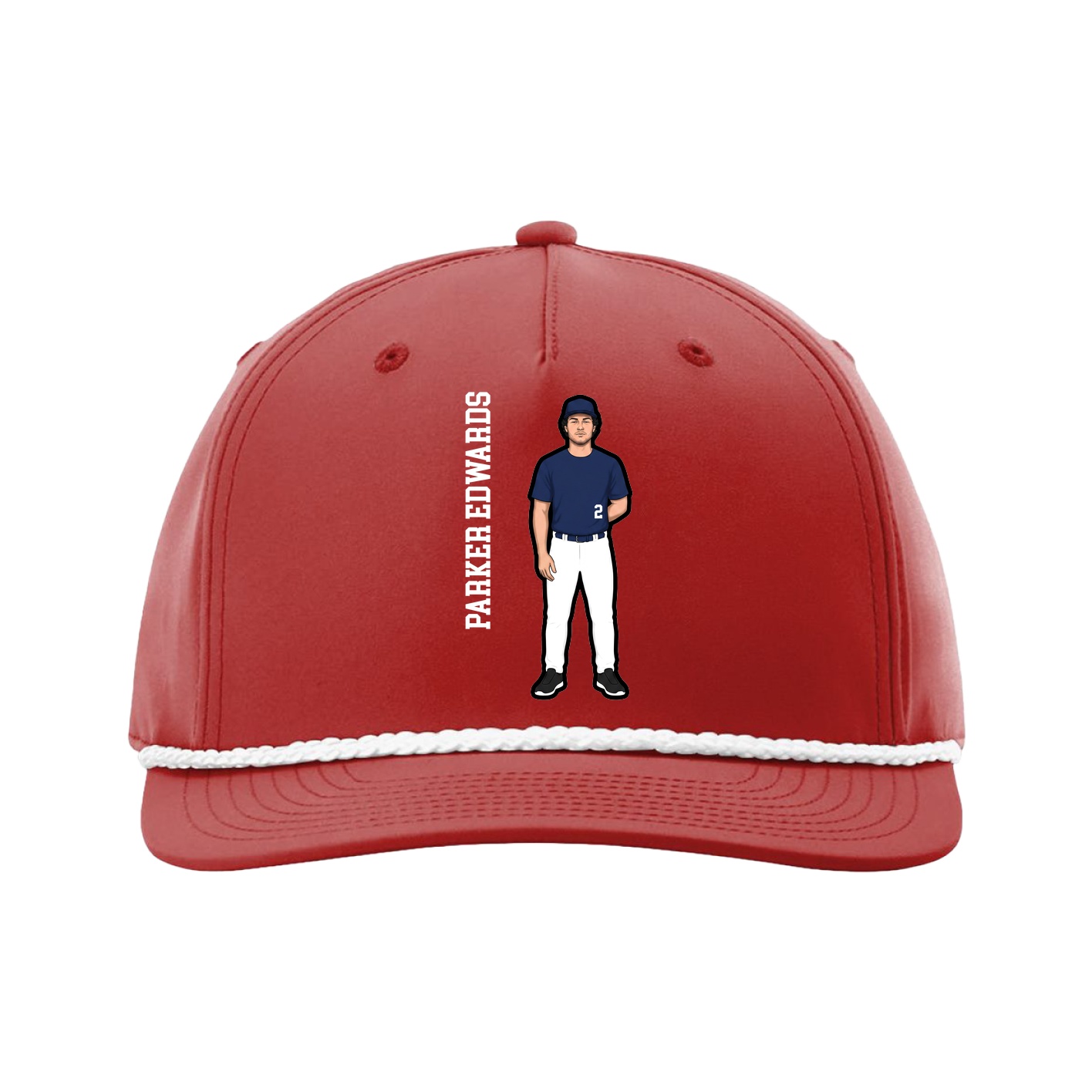 Five-Panel Classic Rope Cap — Name Vertical in Red