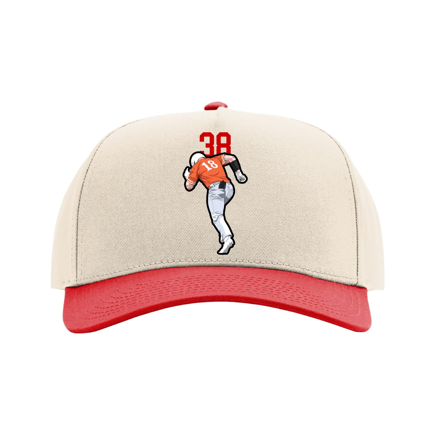 Full Fabric Five-Panel Champ Cap — Number Top in Cream/Red