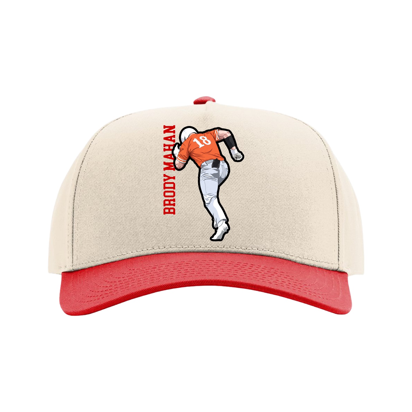 Full Fabric Five-Panel Champ Cap — Name Vertical in Cream/Red
