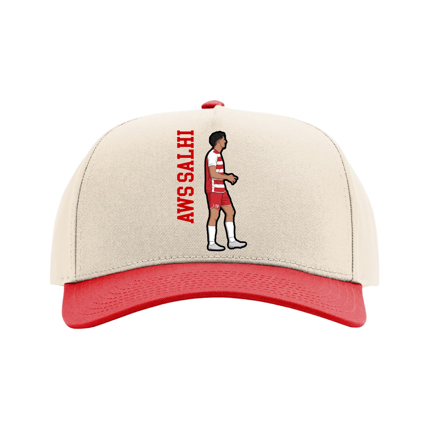Full Fabric Five-Panel Champ Cap — Name Vertical in Cream/Red