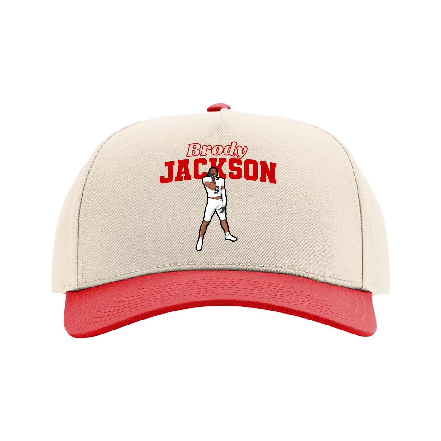 Full Fabric Five-Panel Champ Cap — Name Arch in Cream/Red