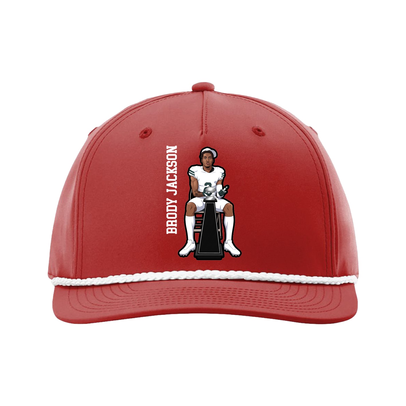 Five-Panel Classic Rope Cap — Name Vertical in Red