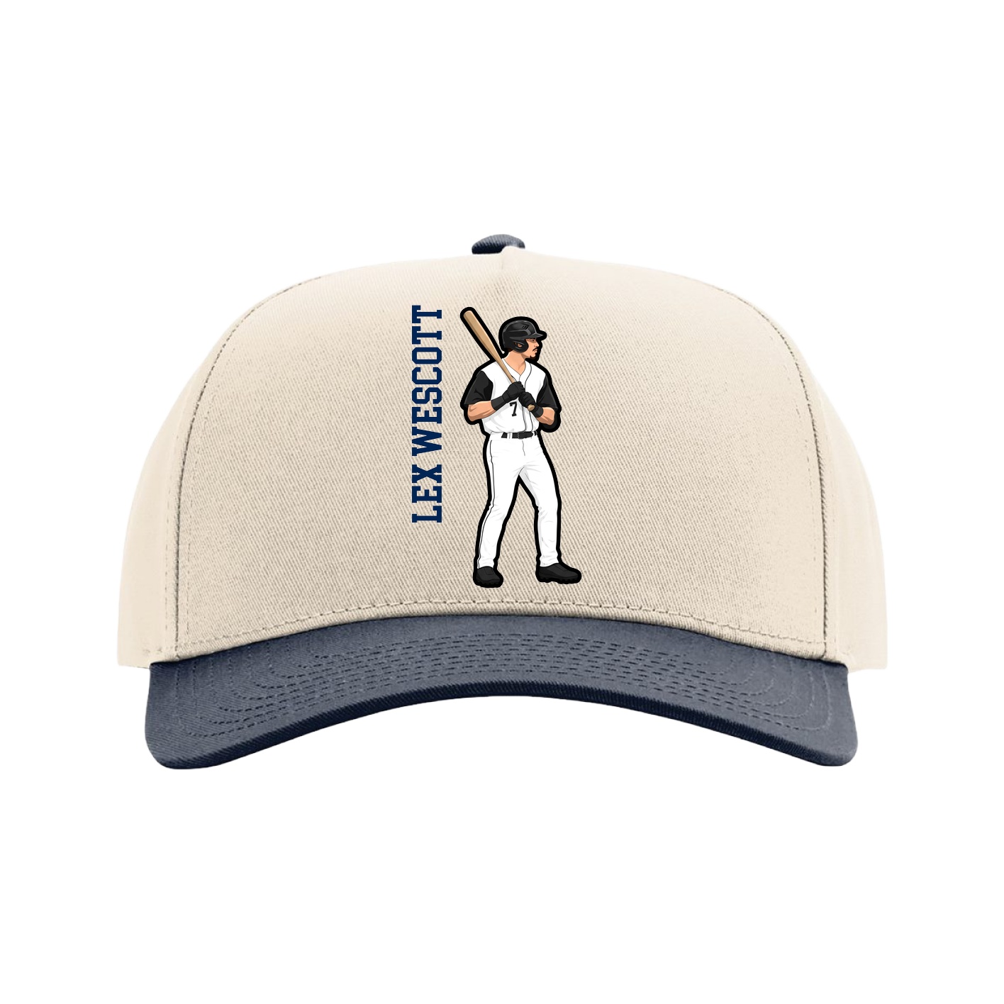 Full Fabric Five-Panel Champ Cap — Name Vertical in Cream/Navy
