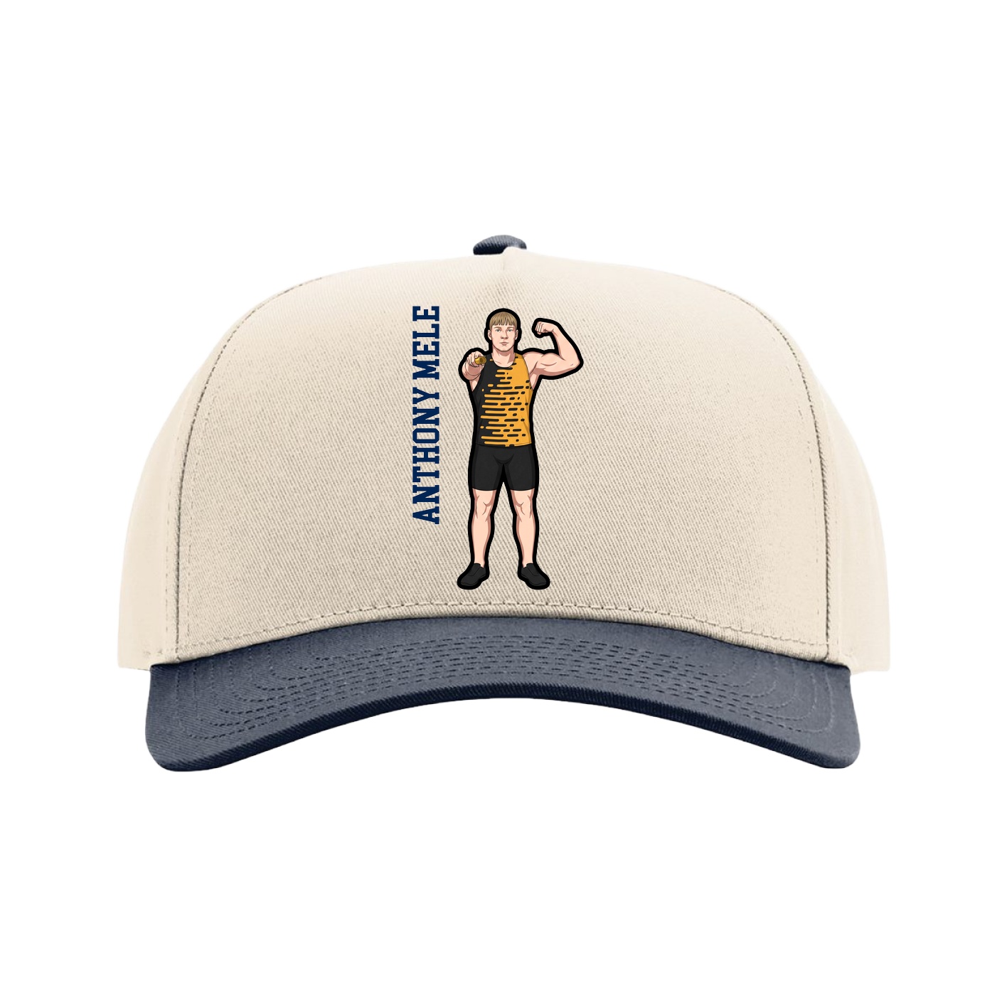 Full Fabric Five-Panel Champ Cap — Name Vertical in Cream/Navy