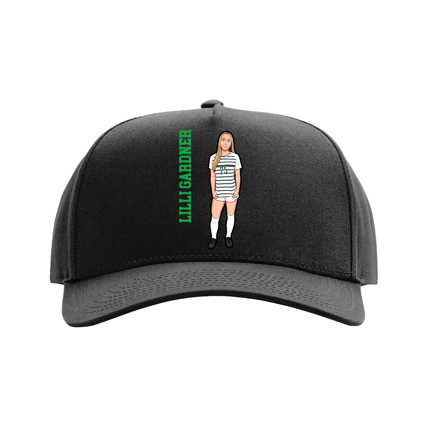 Full Fabric Five-Panel Champ Cap — Name Vertical in Black