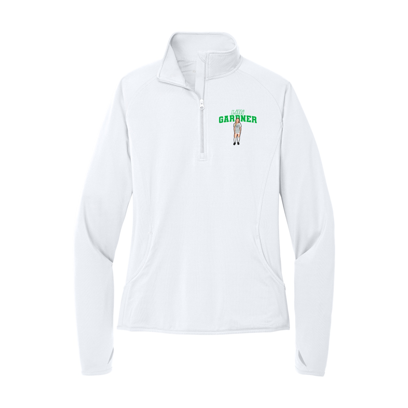 Women's Q-Zip Pullover — Name Arch in White