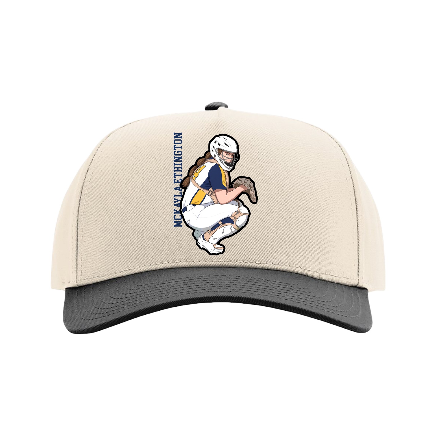 Full Fabric Five-Panel Champ Cap — Name Vertical in Cream/Black