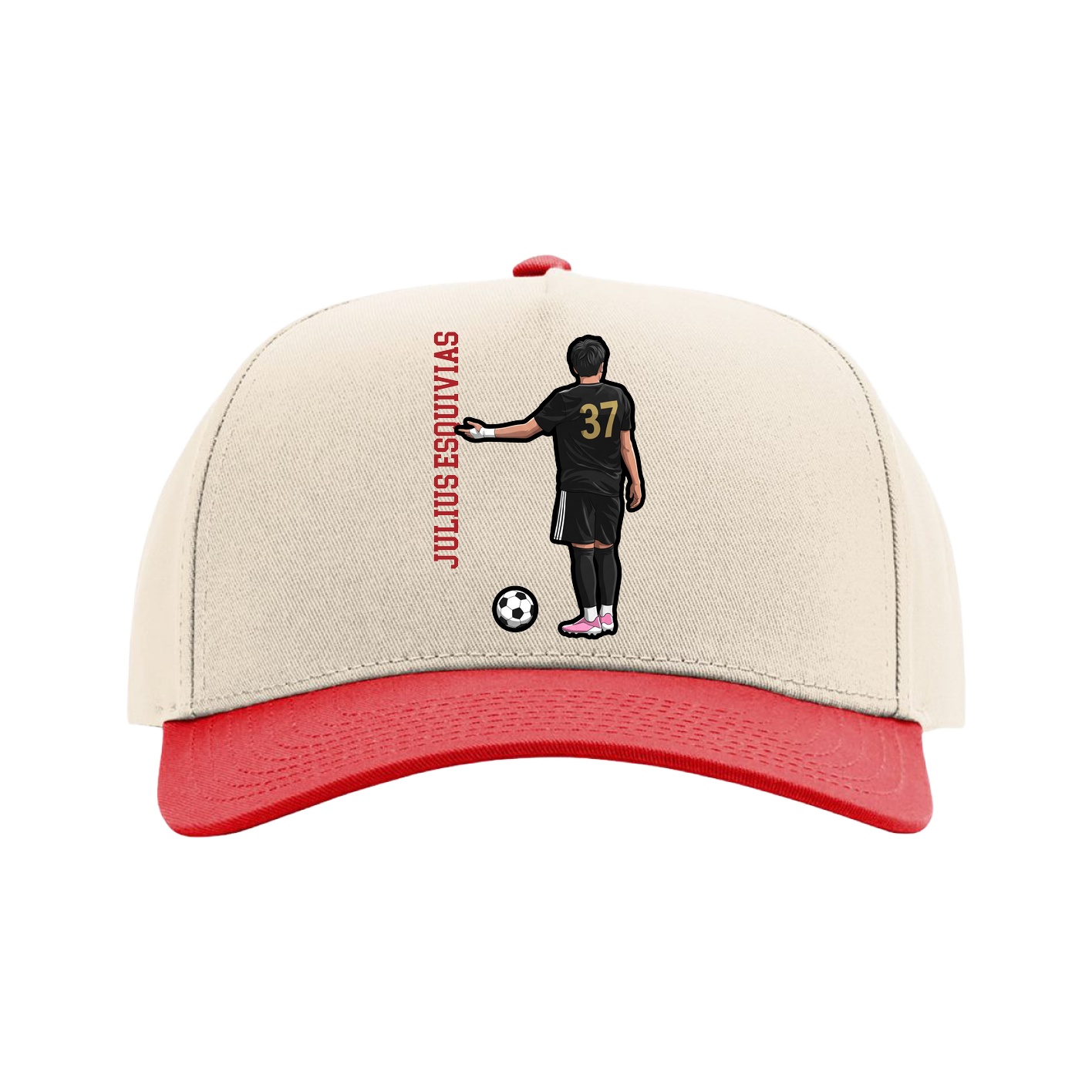 Full Fabric Five-Panel Champ Cap — Name Vertical in Cream/Red